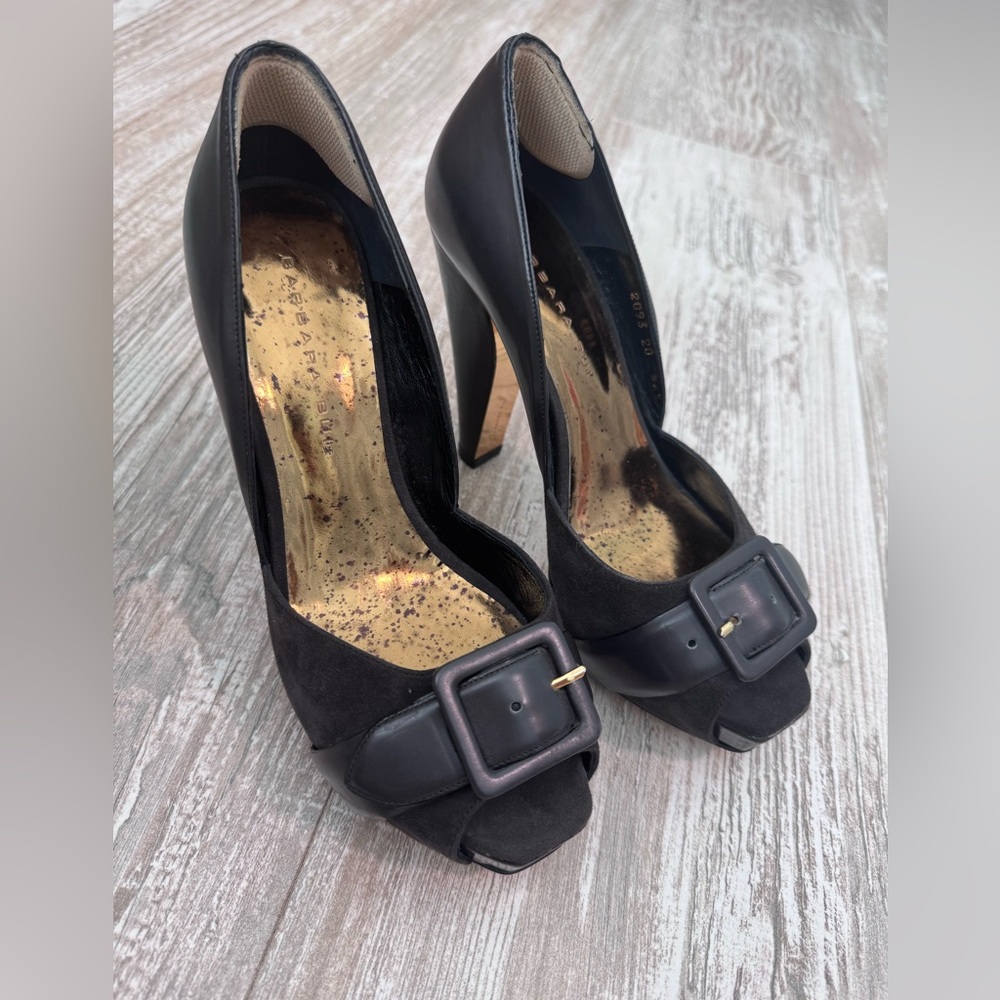 Barbara Bui black leather suede peep toe heels